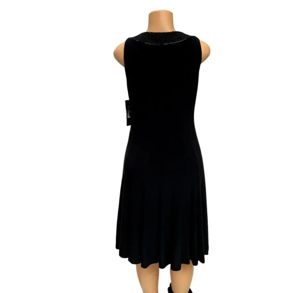 Lauren Ralph Lauren Black Beaded V Neck Pleated A Line Sleeveless Lined Dress 8 - Picture 6 of 14
